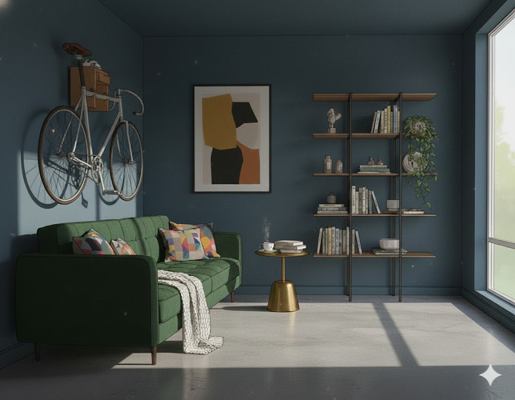 Cykel hænger over en sofa i en stue