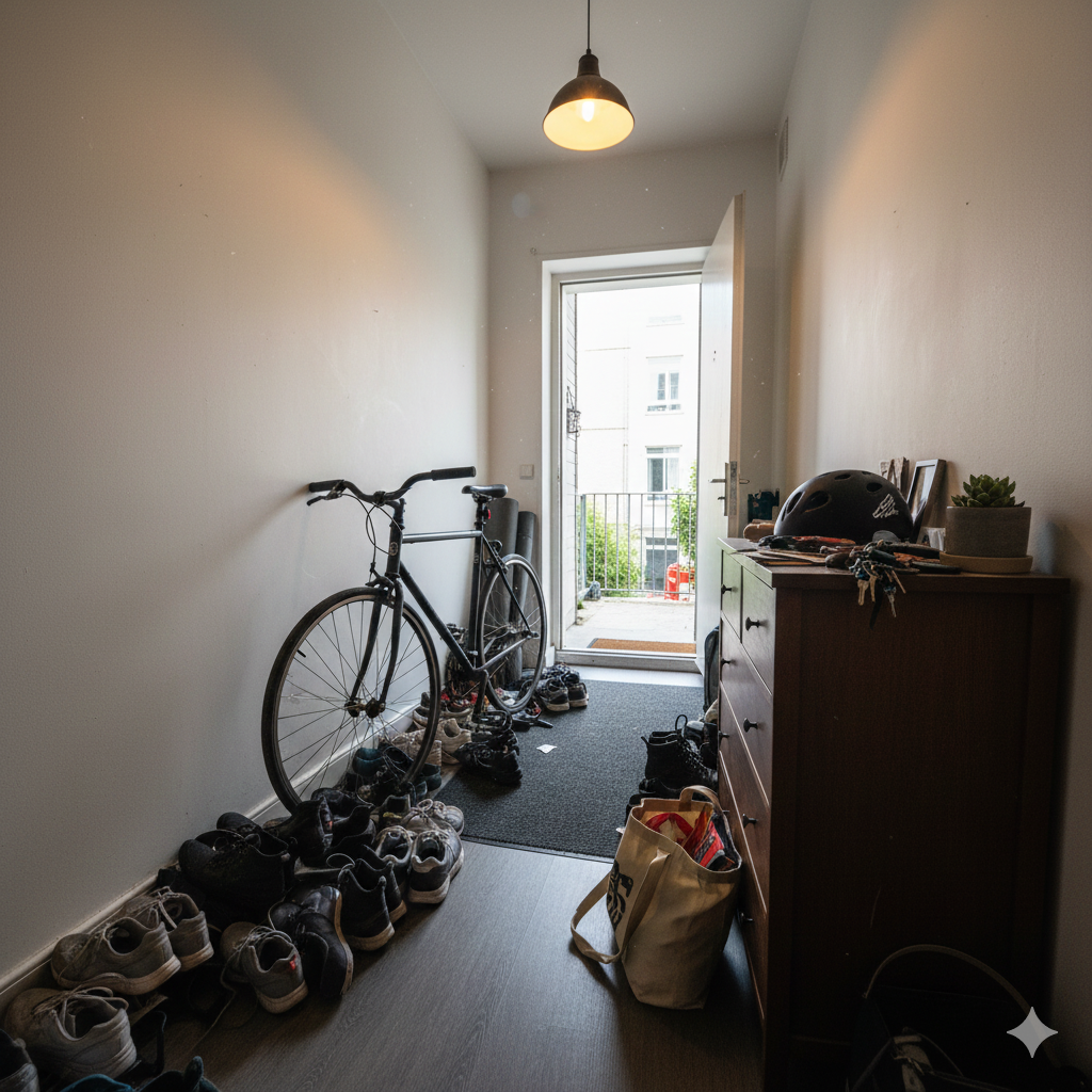 Cykel står i entreen sammen med en masse rod